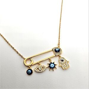18k Gold Boho Evil Eye Safety Pin
Pendant Necklace